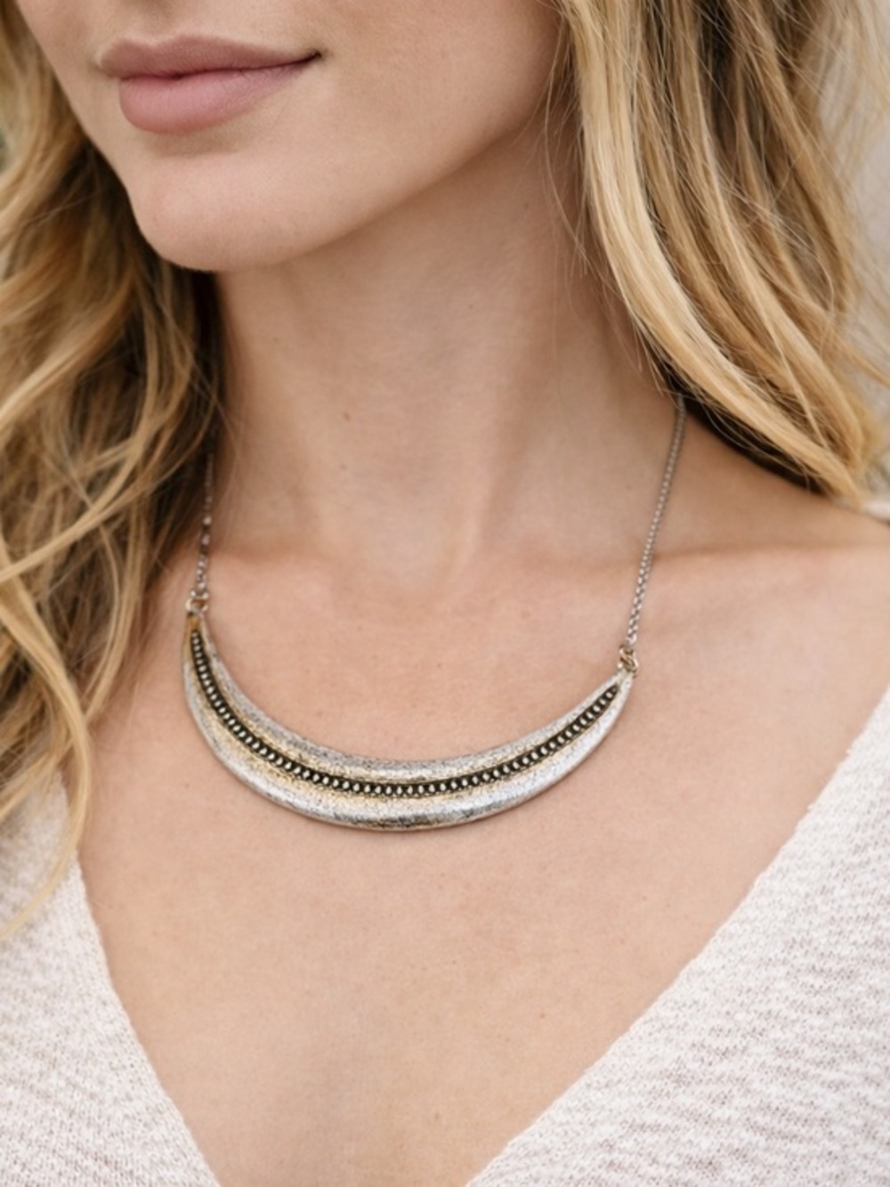 Silver Crescent Moon Bib Necklace Boho Tribal Statement Chain